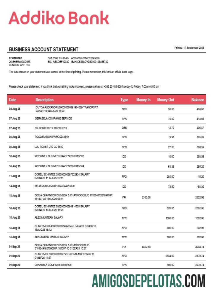 Em branco Montenegro Addiko Enterprise modelo de extrato de conta Word e PDF (1)